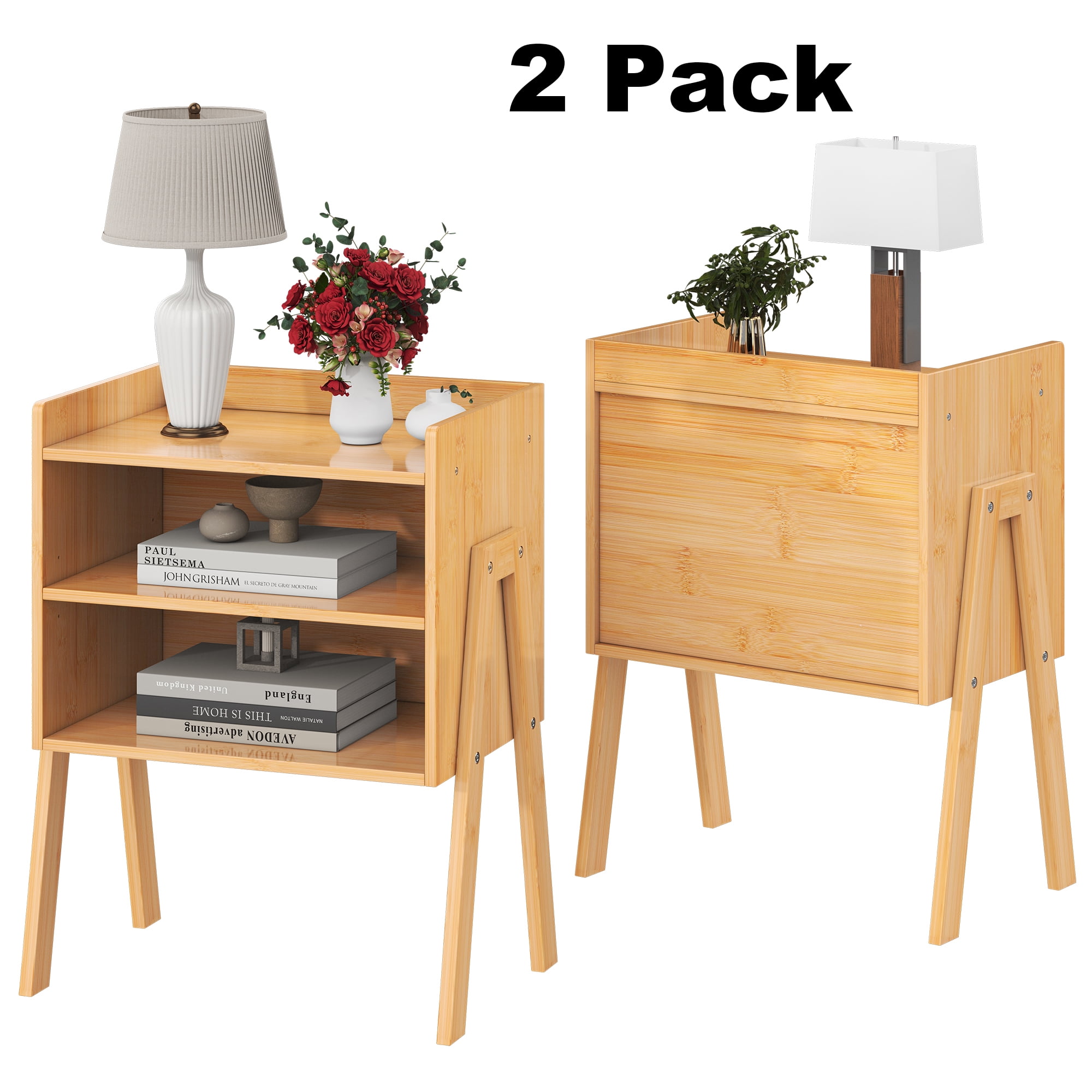Mazqetih Bamboo Nightstands Set of 2, Stackable Bedside Tables for for
