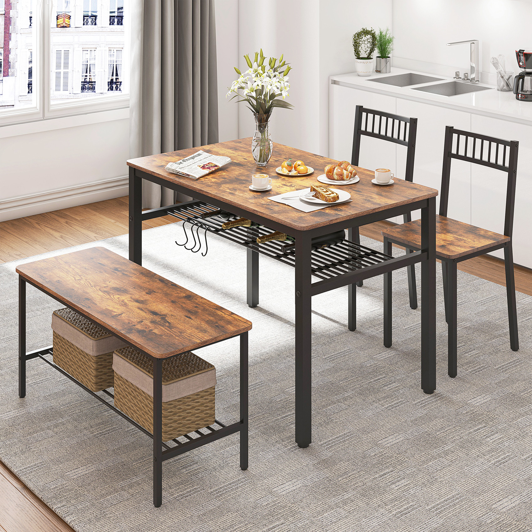 Lexington Large Dining Set with Bench and 4 Slat Back Chairs, Berry Red ...