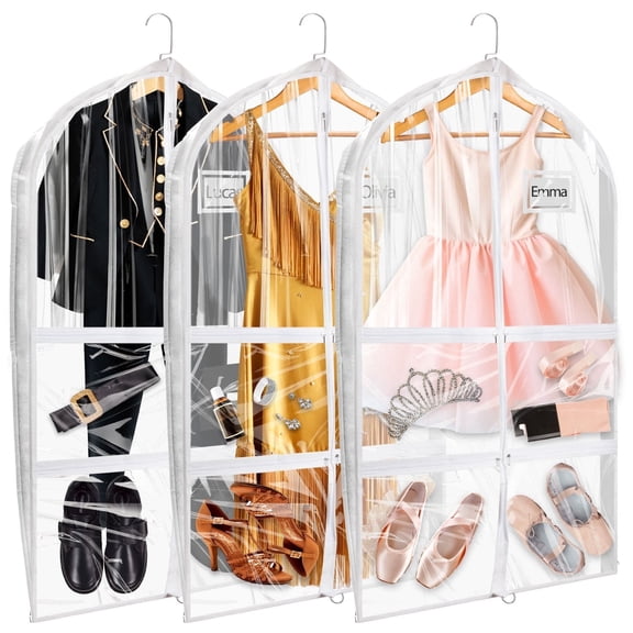 Mber 3-Pack 39 Inch Clear Dance Garment Bags with 4 Zipper Pockets, Waterproof Costume Storage Bags for Dance Competitions, Travel and Recitals