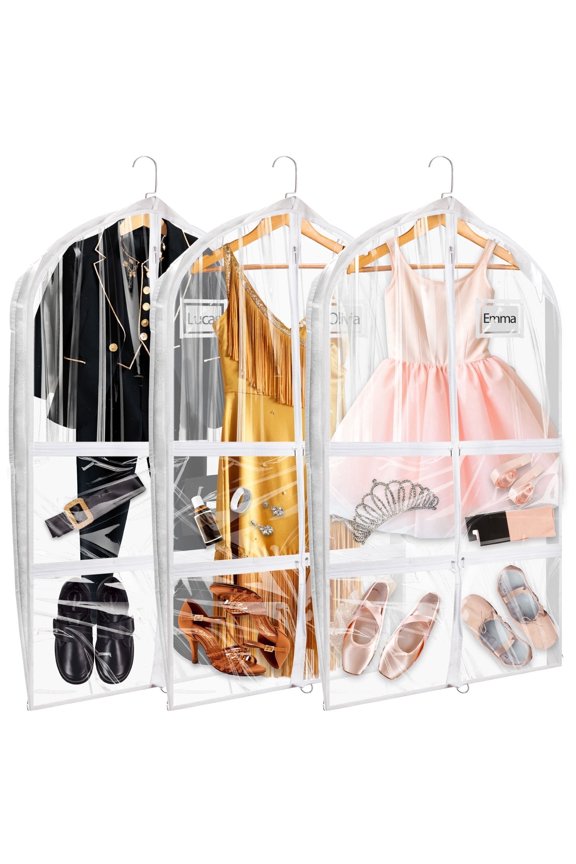 3-Pack 39 Inch Clear Dance Garment Bags with 4 Zipper Pockets, Waterproof Costume Storage Bags for Dance Competitions, Travel and Recitals