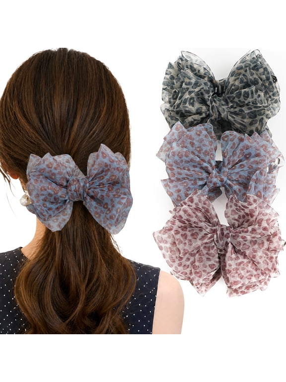 3 Pack Leopard Banana Clip Hair Bow Girl, Hair Accessories, Organza Hair Bow for Woman, Hair Clip Barrettes Ribbon, 3.74" Large Bow Claw Clips