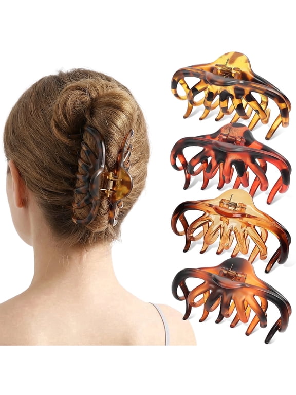 4-Pack Large Hair Claw Clips, 4" Non-Slip Octopus Jaw Clips for Thick, Thin, Long & Curly Hair, Tortoise Brown