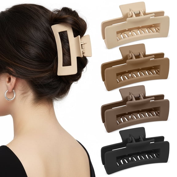 Mber Hair Clips 4" Large Claw Clips for Thick Hair Thin Hair, Square Hair Claw Clip Set 4 Pack Big Hair Clips for Long Hair, Black Brown Tan Nude