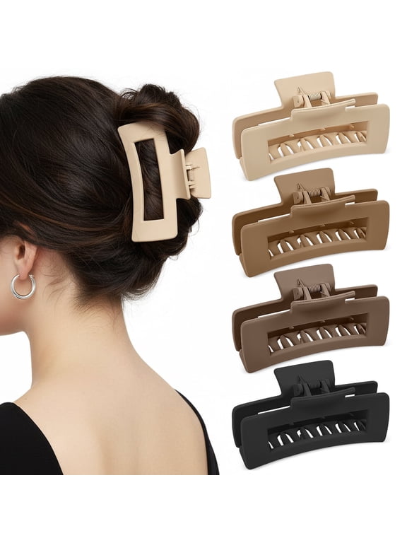 Hair Clips 4" Large Claw Clips for Thick Hair Thin Hair, Square Hair Claw Clip Set 4 Pack Big Hair Clips for Long Hair, Black Brown Tan Nude