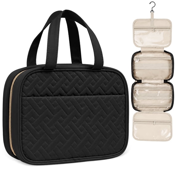 Mber Travel Toiletry Bag, Hanging Makeup Bag Organizer with Clear Compartments for Toiletries Cosmetic, Weekender Travel Bags for Women and Men, Black