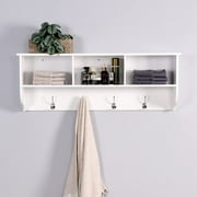 Mbolyeer Wall Mount Coat Rack with Shelf Entryway Wood Storage Cubes with 4 Dual Hooks - 38.5 Inch Wooden Floating Shelves with Hanging - for Living Room Bathroom Kitchen White