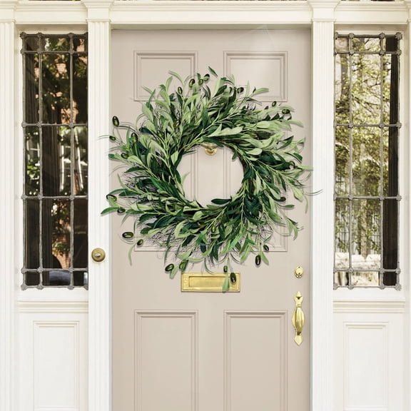Mbvtdt 18" Artificial Olive Leaf & Fruit Wreath,Artificial Hanging Garland Ornament,Realistic Green Olive Branches with Spring Floral Accents,Home Wedding Arch Party Home Wall Garden Decorations