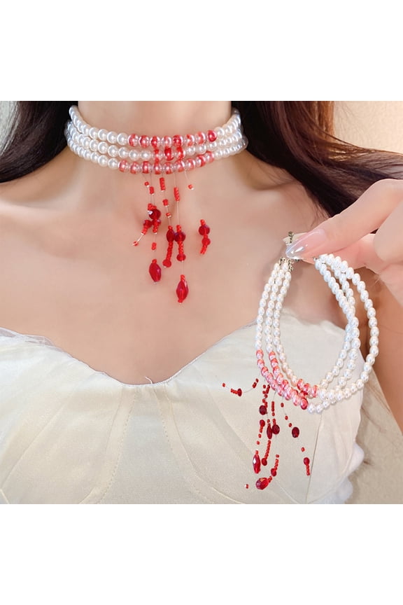 Blood Necklace and Vampire Necklace Collection,Victorian Pearl Choker with Gothic Layered Design for Women