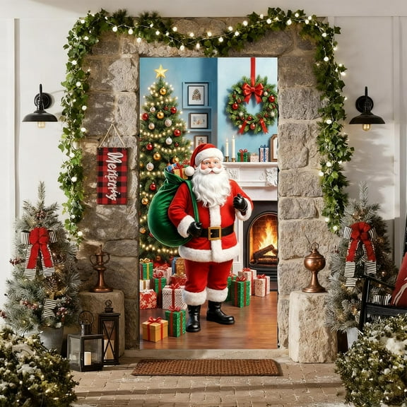 Mbvtdt Christmas Door Cover 35×72 Inch Decorative Front Door Curtain,Santa Claus Design,Elastic Fabric Holiday Decoration for Christmas Day,Indoor Outdoor Entryway Use