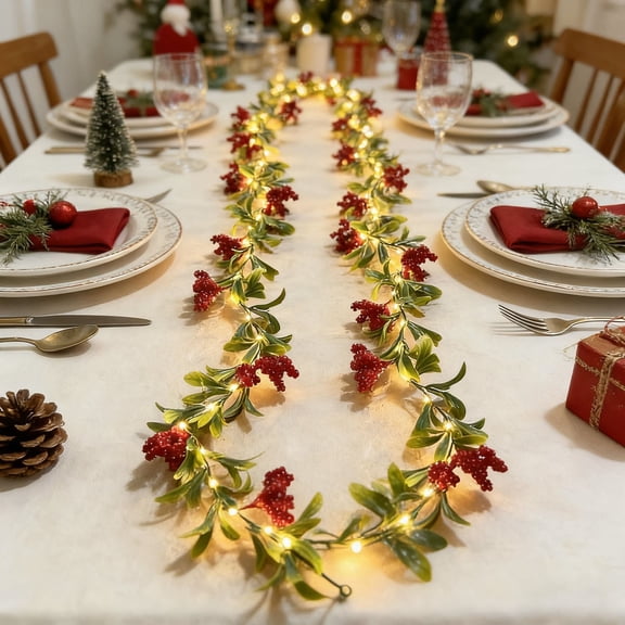 Mbvtdt Christmas Garland With LED Lights, Artificial Lighted Hanging String Decor, Xmas Greenery Accent for Balcony Mantel Stair Rail, Indoor Outdoor Holiday Decoration