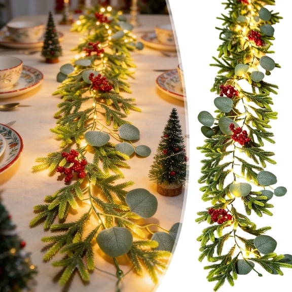 Mbvtdt Christmas LED Garland, Artificial Lighted Greenery String Decoration, Xmas Hanging Ornament for Mantel Balcony Stair Rail, Indoor Outdoor Holiday Accent