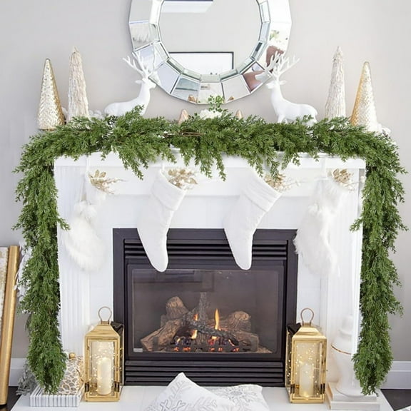 Mbvtdt Christmas Norfolk Pine Garland,195cm Artificial Pine Rattan Greenery Garland for Mantle Stair Fireplace Table Decoration,Real Touch Cedar Leaf Christmas Home Decor