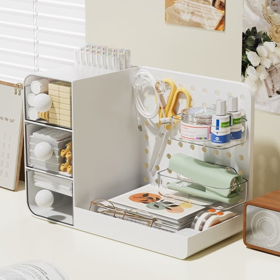 Mbvtdt Desktop Pegboard Organizer With Drawers,Multi Layer Stationery Storage Rack,Adjustable Desk Pegboard System for Cosmetics Pens Office Home Organization