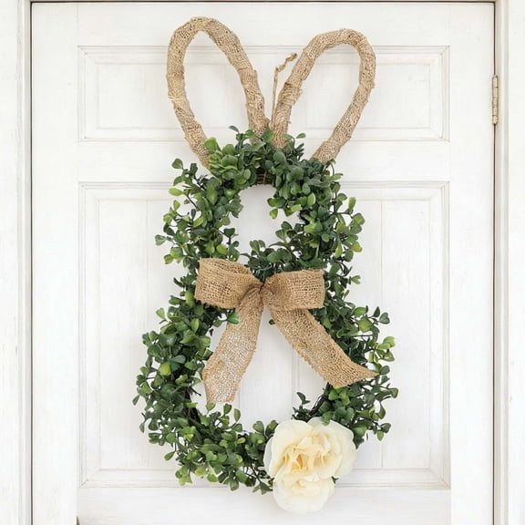 Mbvtdt Easter Bunny-Themed Artificial Flower Wreath,Spring Rabbit Door Hanger with Rustic Burlap Bow,Spring Floral Bunny Shaped Door Wreath,for Front Door Holiday Wall Home Window Decor