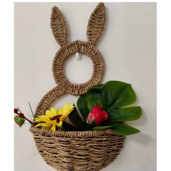 Mbvtdt Easter Bunny Wicker Wall Basket,Handmade Rabbit Rattan Hanging Wall Wreath Basket,Porch Rabbit Pocket Basket with Spring Easter DIY Flower Home Decor,Cute Rabbit Picnic Hamper for Easte