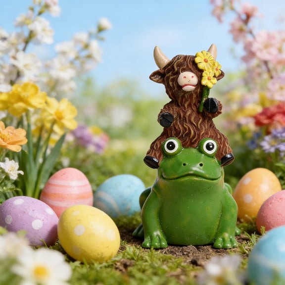 Mbvtdt Easter Highland Cow Bunny Figurines Decor,Resin Easter Highlands Yak Figurine with Eggs,easter decor,highland cow decor for Tabletop Display