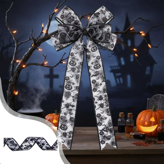 Mbvtdt Halloween Bows for Wreaths and Halloween Bow Collection,Unilaminar Ribbon with Pumpkin Skeleton Spiderweb Designs