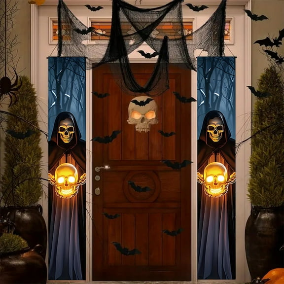Mbvtdt Halloween Door Curtain,Spooky Pumpkin Ghost Skeleton for Haunted House & Party,Halloween Window Cover,Large Spooky Curtain for Porch and Outdoor Halloween Decor