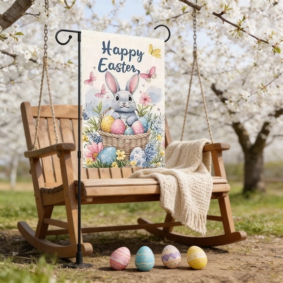 Mbvtdt Happy Easter Cute Rabbit Garden Flag, Double-Sided Burlap Yard Banner, Spring Summer Magnolia Flower Easter Egg Decoration, Outdoor Farmhouse Seasonal Garden Flag, 18x12 Inches