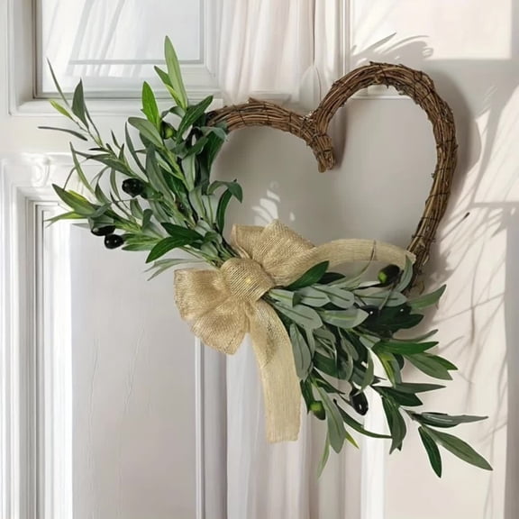 Mbvtdt Heart Shaped Olive Decoration,Farmhouse Rustic Faux Greenery Wreath with Black Olives & Burlap Bow,Spring Summer Front Door Wreath,Spring Summer Simulation Flower Front Door Wreath