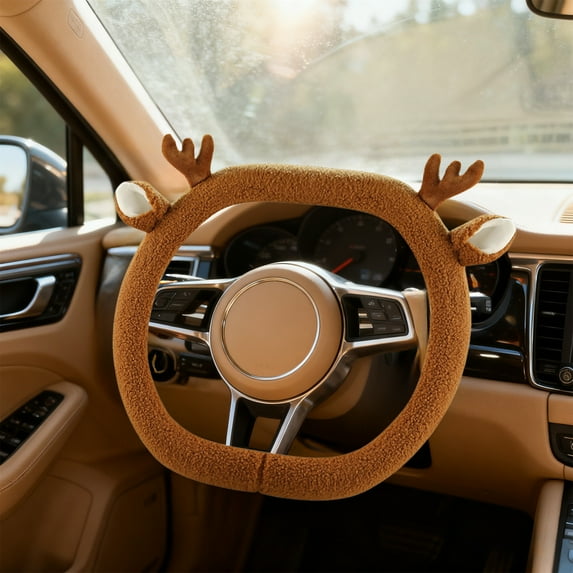 Mbvtdt Steering Wheel Cover with Cute Teddy Bear Ear and Cozy Universal Fit, 15Inch Fleece D-Shaped Cute Car Interior Accessory and Non-Slip Car Wheel Cover Protector for Warm Grip