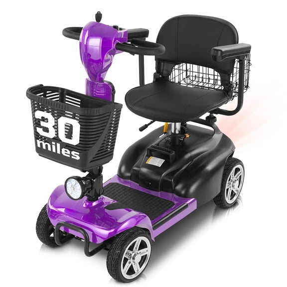 Mbxcooter 4 Wheel Mobility Scooter for Adults&Seniors,30 Miles Lightweight Electric Scooter with Removable Battery,350W Electric Powered Wheelchair Device for Trave,Dual Baskets,Rotating Seat,Purple