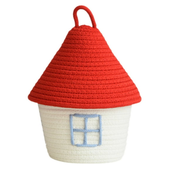 Mbxm Small House Storage Bucket with White Base and Red Cover,House Shape Cotton Rope Woven Storage Basket Large Capacity Cute Storage Toy Baskets Storages for Living Room Bedroom Nursery Bathroom