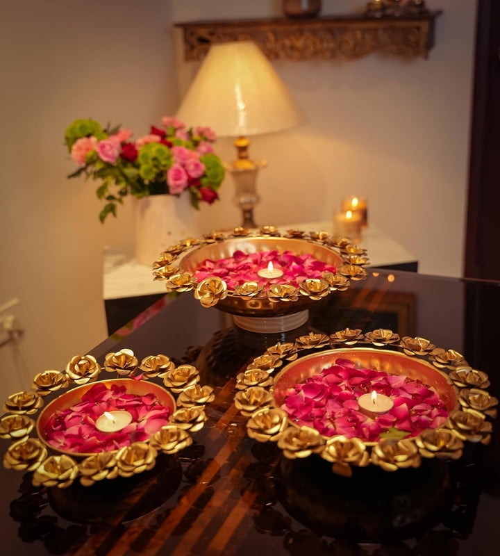 MbyM Beautiful Rose Design Diya, Decorative Urli Set of-3 Bowl for Home, Office & Table | Diwali Decoration, Floating Flowers & Tea Light Candles.