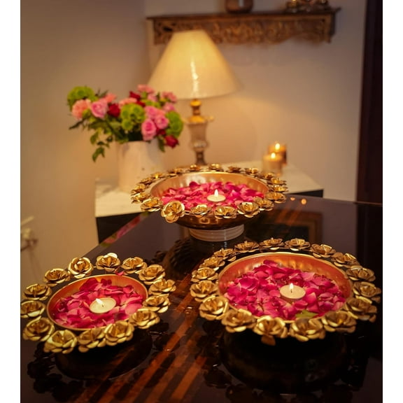 MbyM Beautiful Rose Design Diya, Decorative Urli Set of-3 Bowl for Home, Office & Table | Diwali Decoration, Floating Flowers & Tea Light Candles.