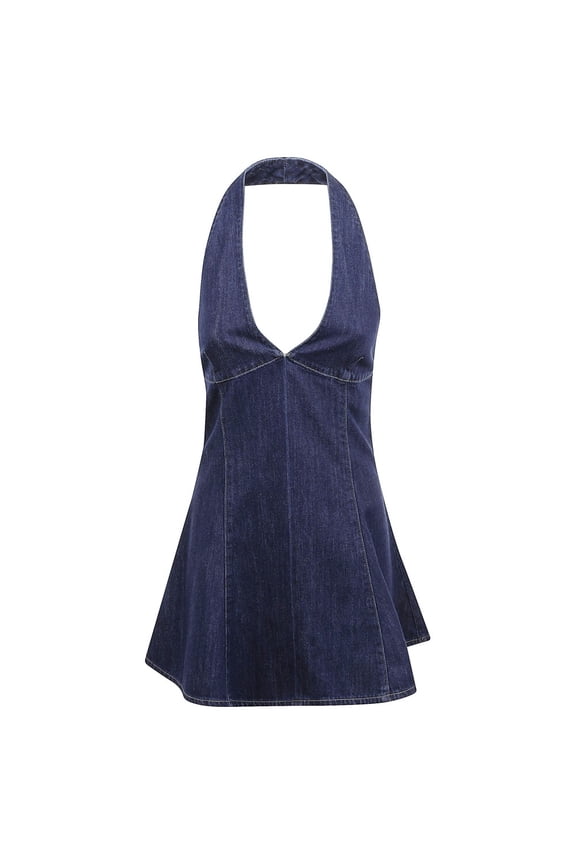 Dark Blue Denim Mini Dress With Halter Neckline (Women's)