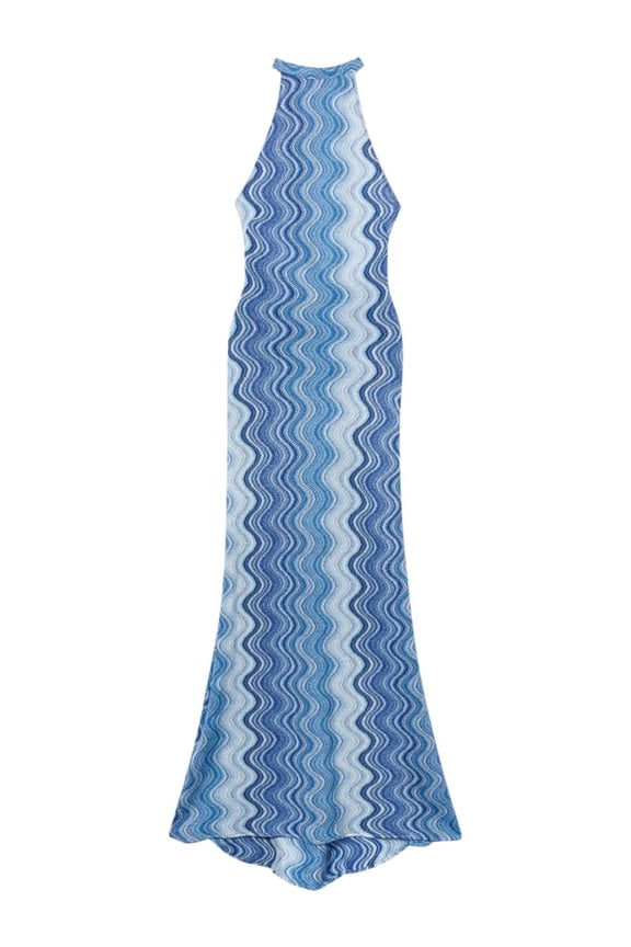 Halter Neck Maxi Dress With Wavy Abstract Pattern (Women's)