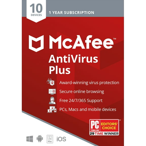 McAfee AntiVirus Plus, Internet Security Software, 10 Devices, 1 Year Subscription  Product Key