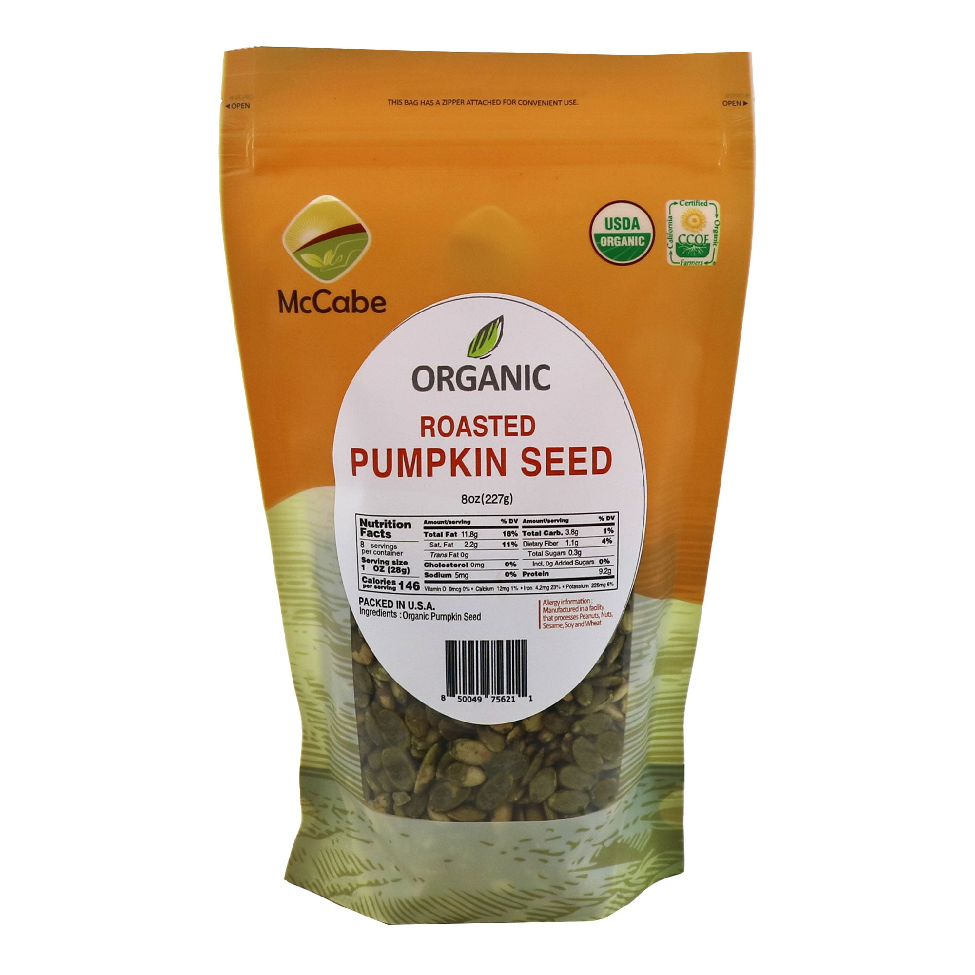 McCabe Organic Roasted Pumpkin Seeds (Unsalted) - Organic Pumpkin Seeds Roasted 8oz | Rich with Fiber & Minerals | USDA and CCOF Certified | Packed in USA