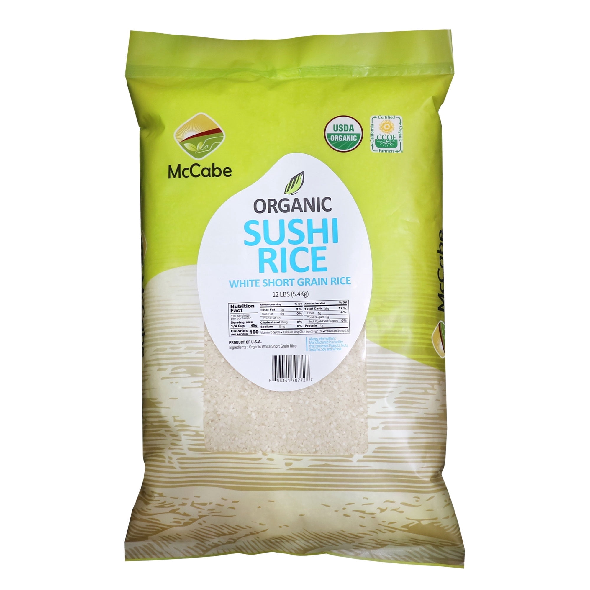 McCabe Organic Short Grain White Sushi Rice - 12Lbs | USDA and CCOF Certified Sticky White Rice | Product of USA