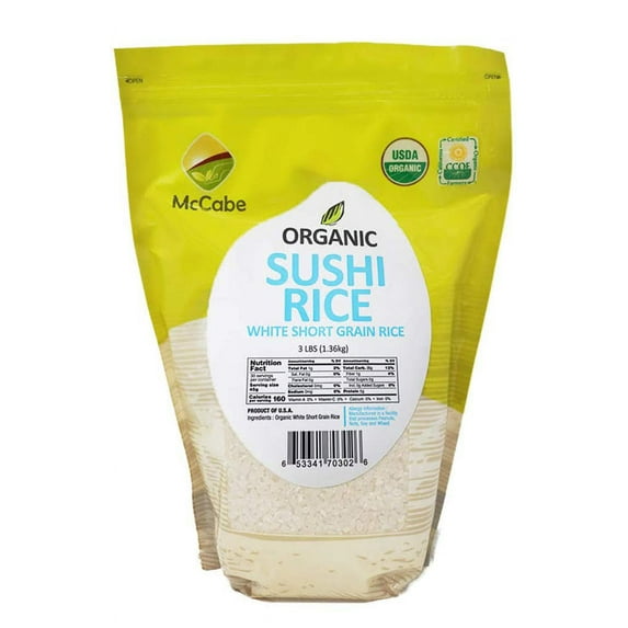 McCabe Organic Short Grain White Sushi Rice - 3Lbs | USDA and CCOF Certified Sticky White Rice | Product of USA