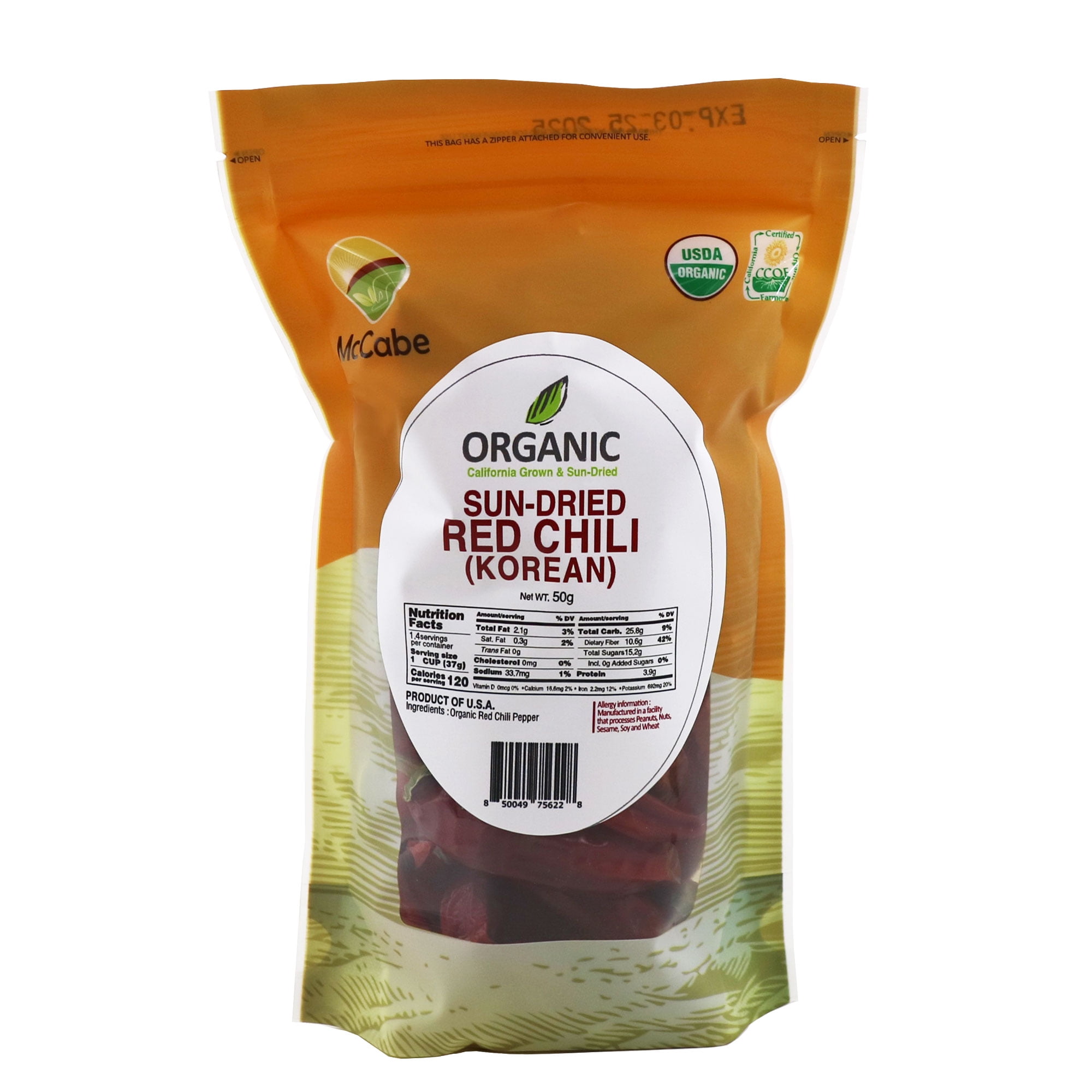 McCabe Organic Sun-Dried Red Chili Pepper - Dried Korean Variety Chili Peppers | Rich with Vitamin D & Minerals | USDA and CCOF Certified | Product of USA | 50g (Korean Variety)