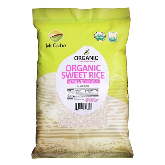 McCabe Organic Sweet Rice - Glutinous Sticky Rice | Gluten Free & GMO Free Organic Rice Rich in Fibers and Minerals | USDA and CCOF Certified Organic | 12 Lbs