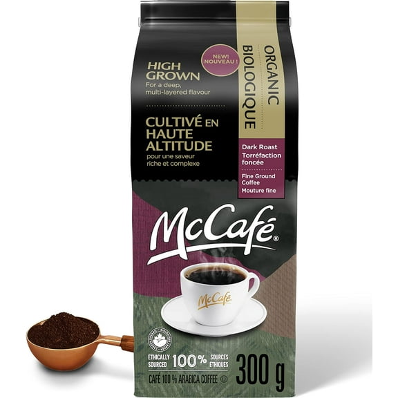 McCafe Organic High Grown, Dark Roast Ground Coffee, 300g/10.5 oz Bag