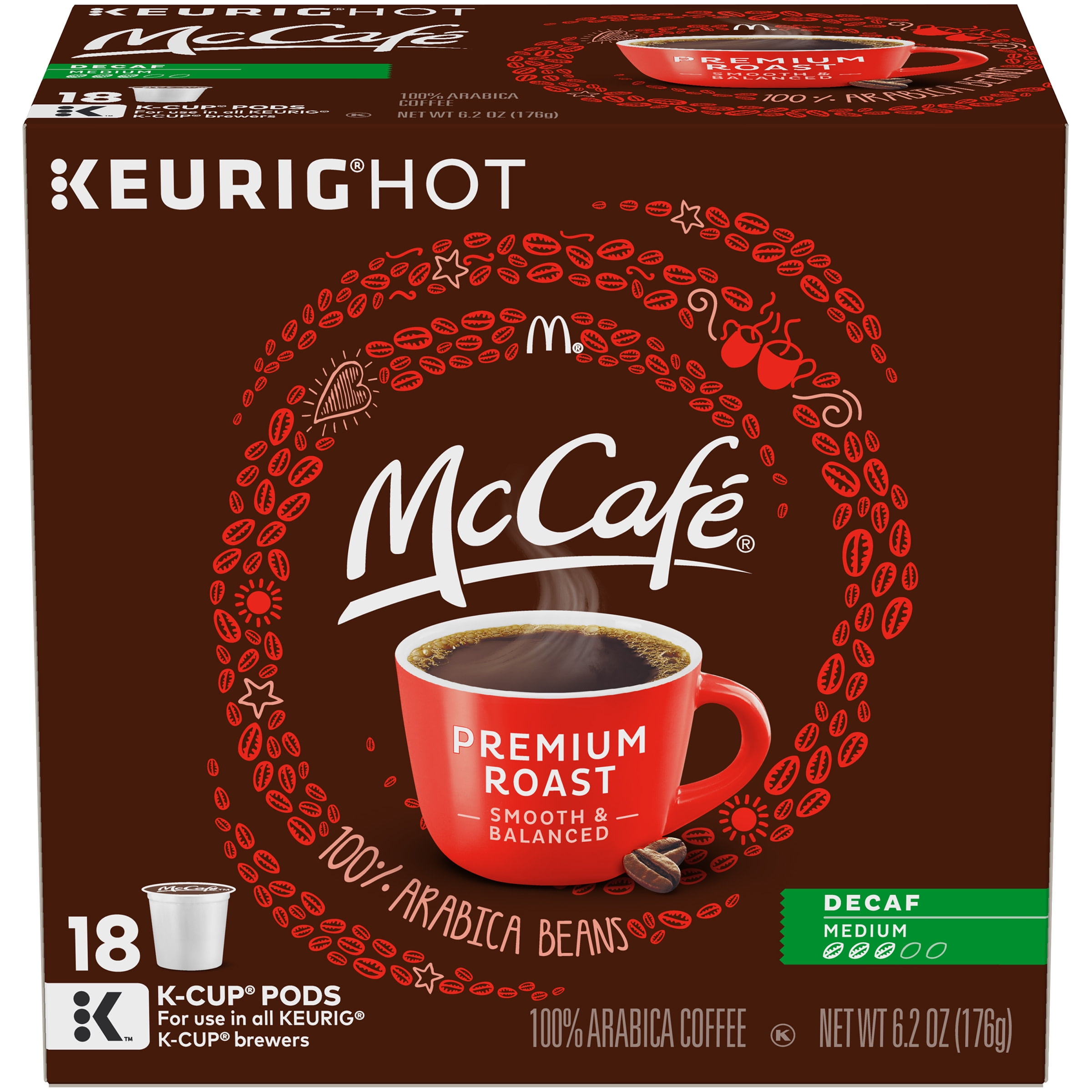 McCafe Premium Roast Decaf Coffee K-Cup Pods, Decaffeinated, 18 Ct - 6.2 Oz Box