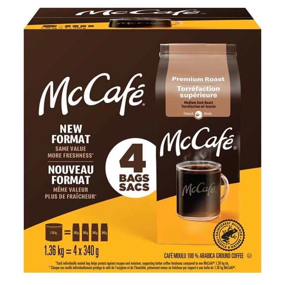McCafe Premium Roast Medium Dark Roast Ground Coffee, 4x340g Bags - 1.36kg/2.9 lb