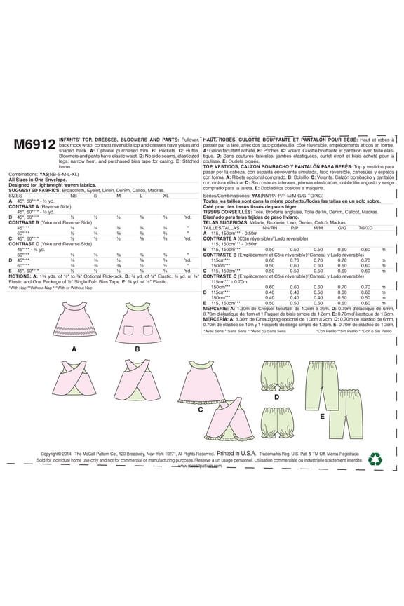 McCall PatternInfants' Reversible Top, Dresses; Bloomers and Pants-All Sizes In One Envelope