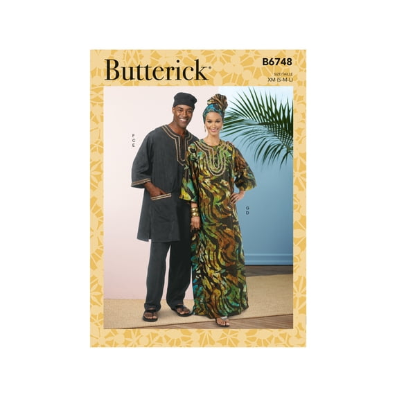 Butterick Sewing Pattern 6748 - Misses'/Men's Tunic, Caftan, Pants, Hat and Head Wrap, Size XM (S-M-L)