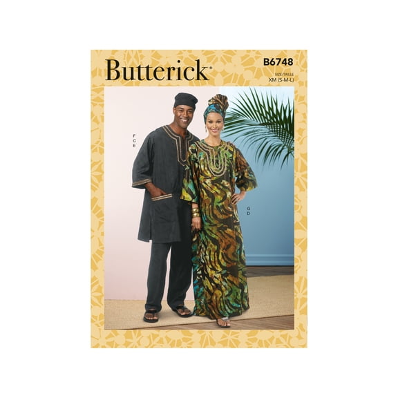 Butterick Sewing Pattern 6748 - Misses'/Men's Tunic, Caftan, Pants, Hat and Head Wrap, Size XM (S-M-L)
