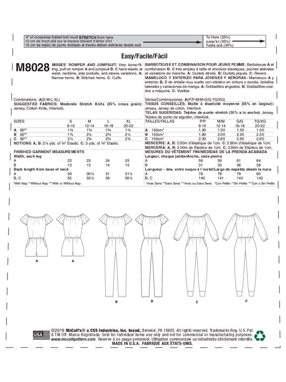Pattern: Misses' Romper & Jumpsuit Sizes S-M-L-XL