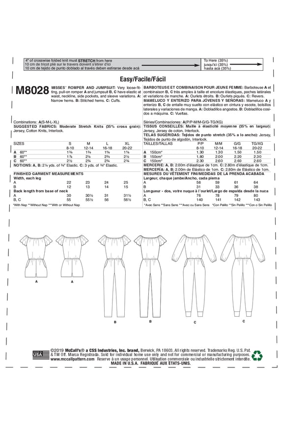 Pattern: Misses' Romper & Jumpsuit Sizes S-M-L-XL