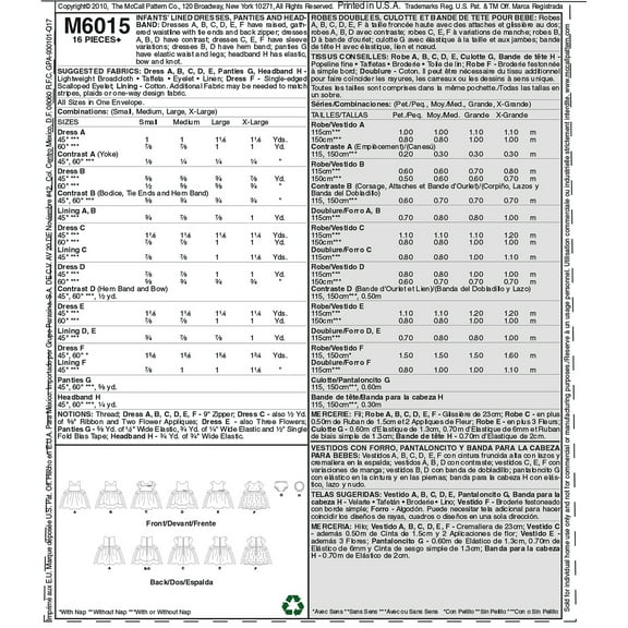 McCall's Patterns M6015 Infants' Lined Dresses, Panties and Headband