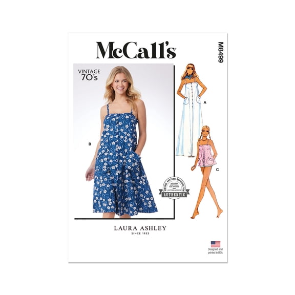 McCall's Sewing Pattern 8499 - 1970s Misses' Dress and Top by Laura Ashley, Size: U5 (16-198-20-22-24)
