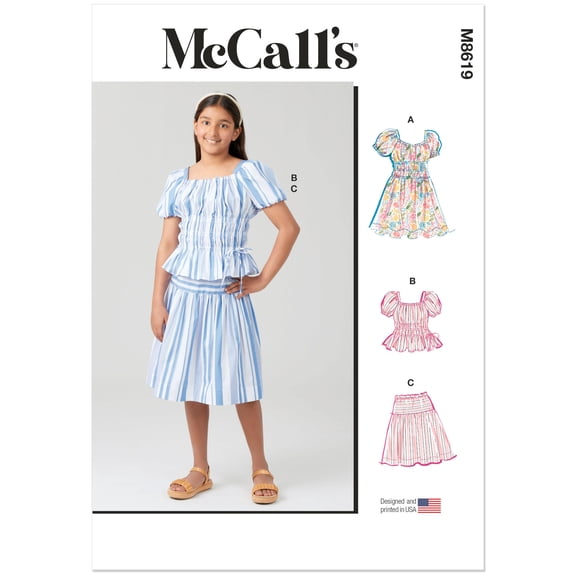 McCall's Sewing Pattern 8619 - Girls' Ruched Dress, Top and Skirt, Size: A (7-8-10-12-14)