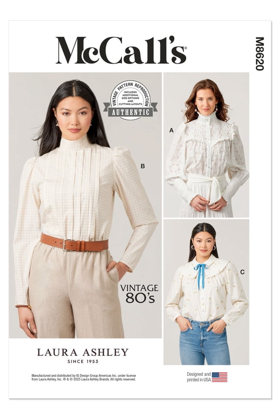Sewing Pattern 8620 - Misses' Blouses by Laura Ashley, Size: A (6-8-10-12-14)