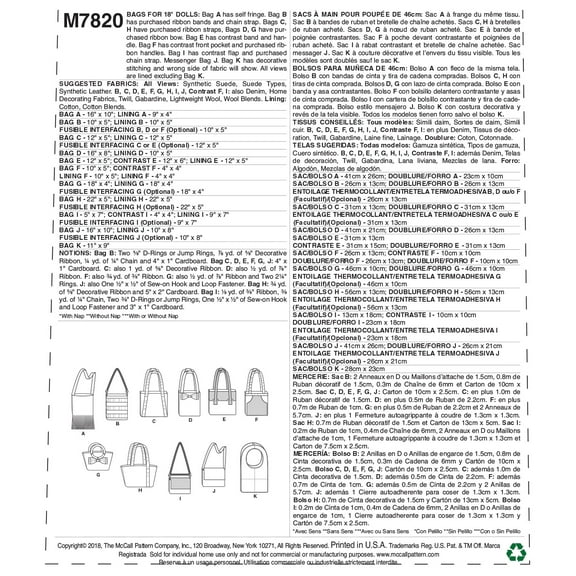 McCall's Sewing Pattern Bags For 18 Dolls-